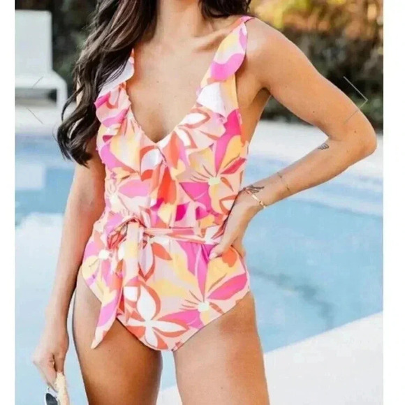 Women's Bathing Suit Pink Lily Tropic Like Hot One Piece Swimsuit  Size L NEW - Picture 1 of 13